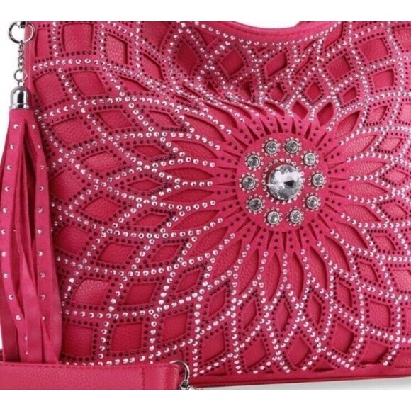 Fuchsia Boho Flower Sunburst Rhinestone Hobo Handbag & Matching Wallet Set - Picture 3 of 11